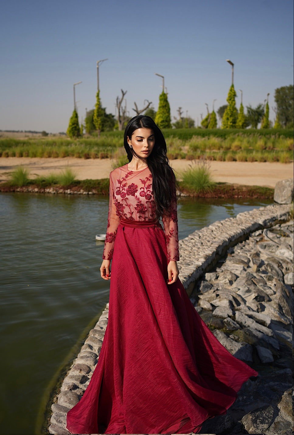 Flowers beaded Lace Long Dress