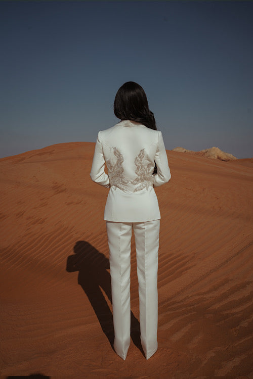 Waist Beaded Sequins Blazer Cream/White